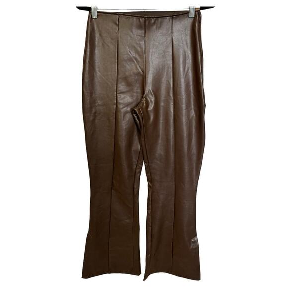 Abercrombie And Fitch Vegan Leather Pants Flare Slim Split Hem Dark Brown Size M - Picture 2 of 10